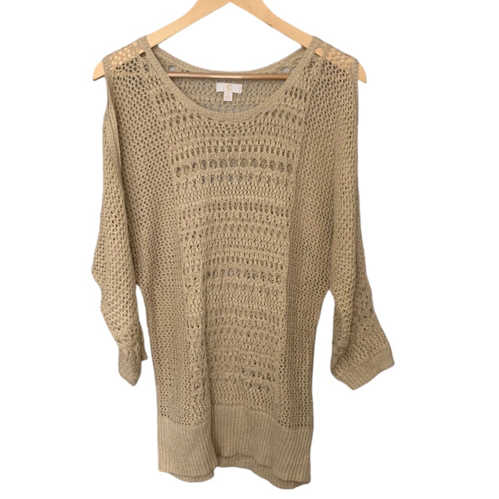 CHARMING CHARLIE Gold Scoop Neck Cold Shoulder Knit Sweater L